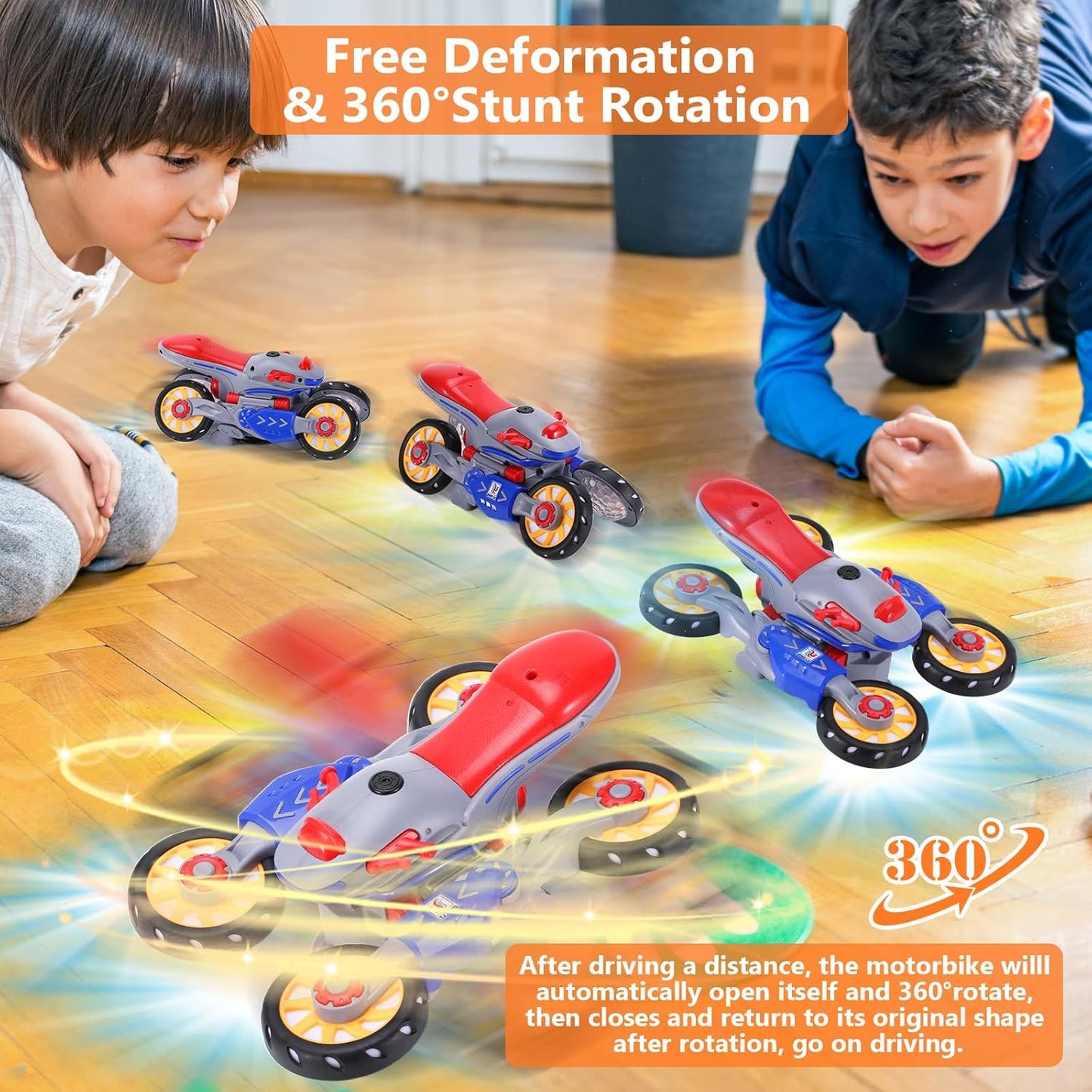 Music Distortion Motorcycle with 4-wheel spinning mode, 360° rotation, and safe for kids ages 3+