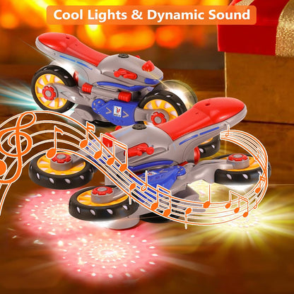 Music Distortion Motorcycle with 4-wheel spinning mode, 360° rotation, and safe for kids ages 3+