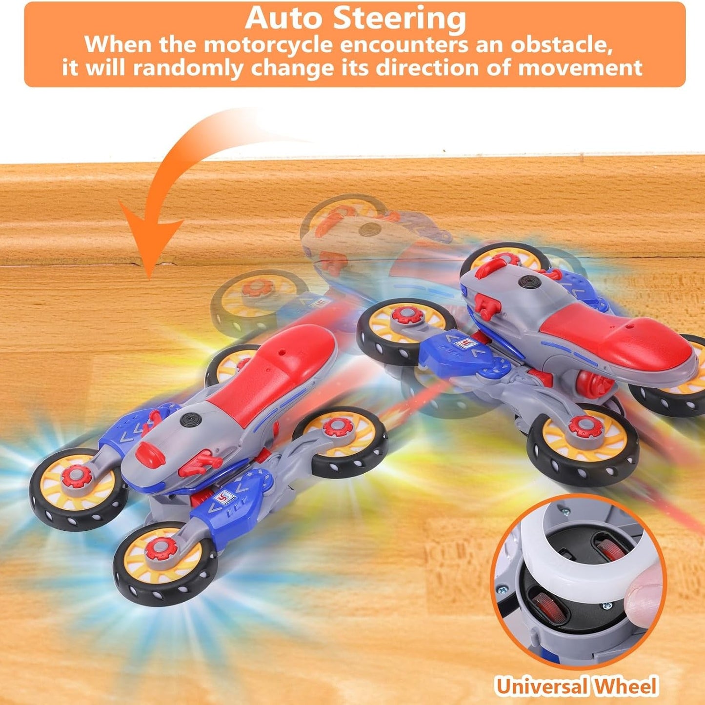 Music Distortion Motorcycle with 4-wheel spinning mode, 360° rotation, and safe for kids ages 3+