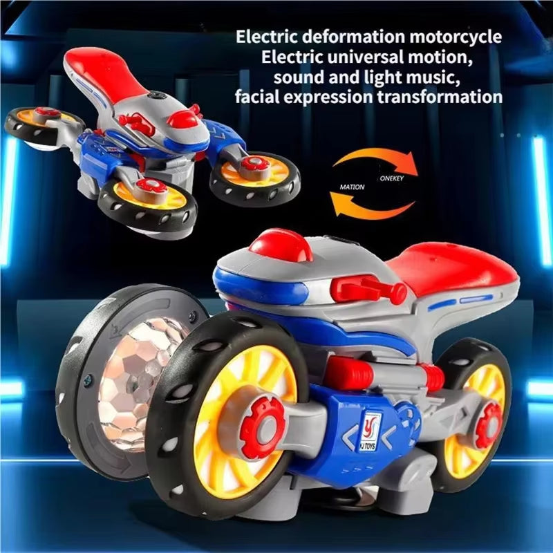 Music Distortion Motorcycle with 4-wheel spinning mode, 360° rotation, and safe for kids ages 3+