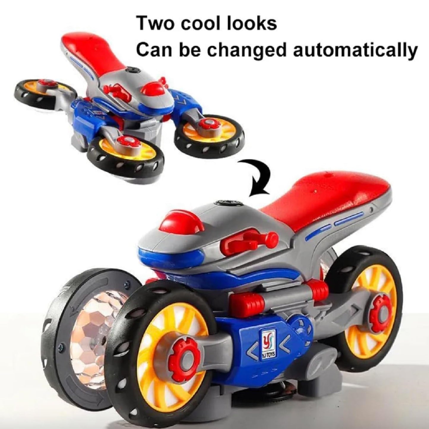 Music Distortion Motorcycle with 4-wheel spinning mode, 360° rotation, and safe for kids ages 3+