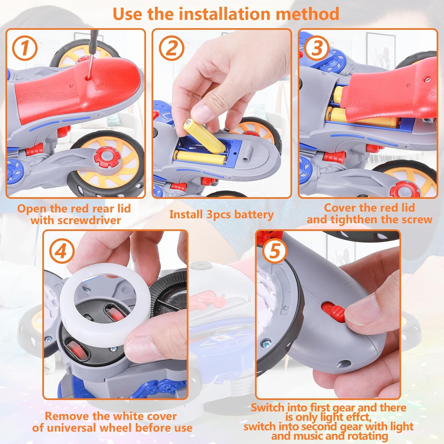 Music Distortion Motorcycle with 4-wheel spinning mode, 360° rotation, and safe for kids ages 3+