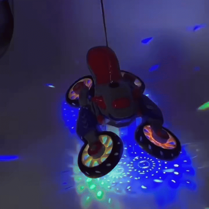 Music Distortion Motorcycle with 4-wheel spinning mode, 360° rotation, and safe for kids ages 3+