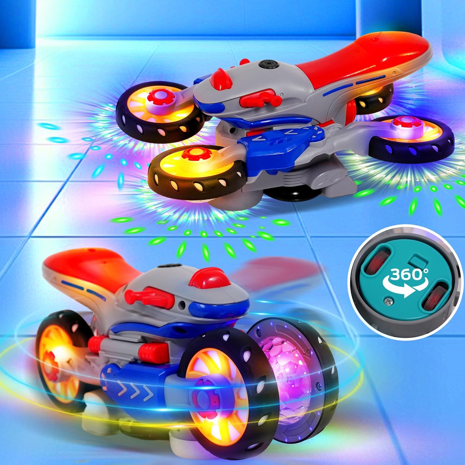 Music Distortion Motorcycle with 4-wheel spinning mode, 360° rotation, and safe for kids ages 3+