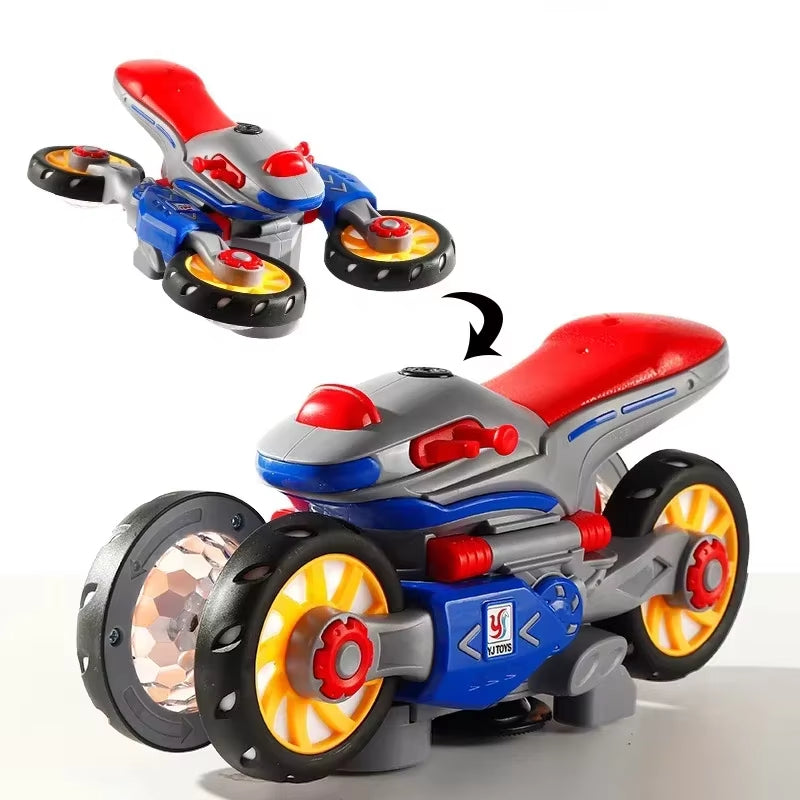 Music Distortion Motorcycle with 4-wheel spinning mode, 360° rotation, and safe for kids ages 3+