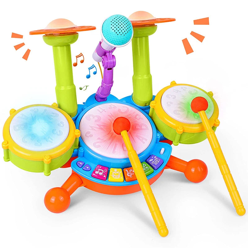 Musical Drum Set Toy with Flashing Lights & Microphone, 5 Fun Music Modes, Safe for Ages 1+