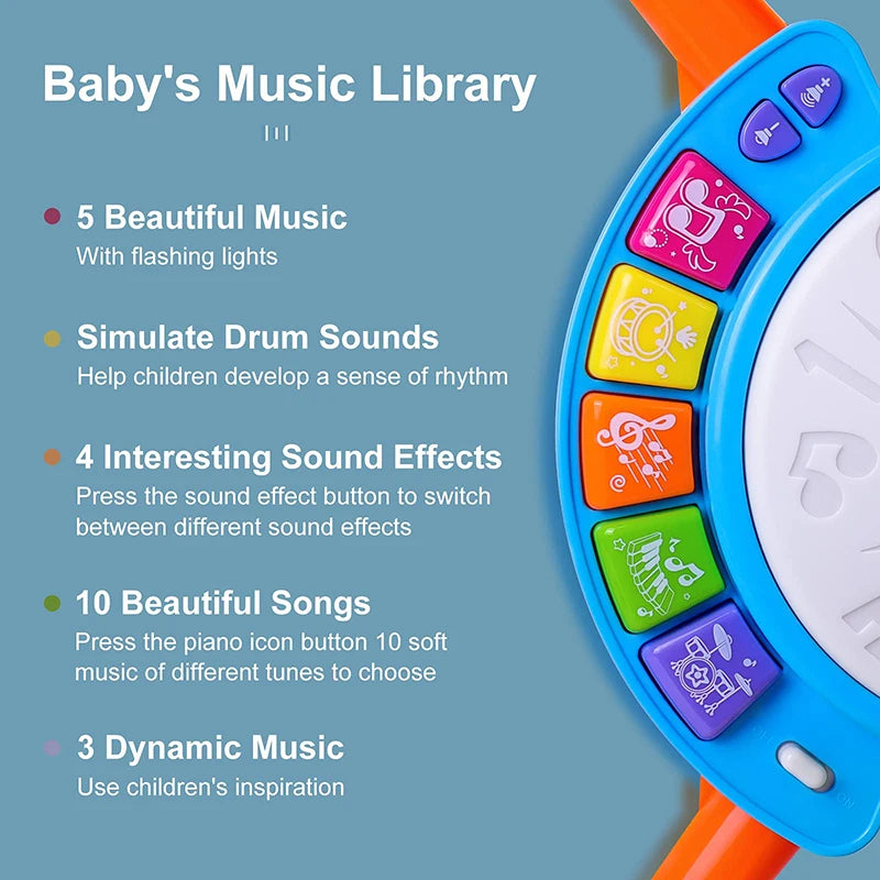 Musical Drum Set Toy with Flashing Lights & Microphone, 5 Fun Music Modes, Safe for Ages 1+