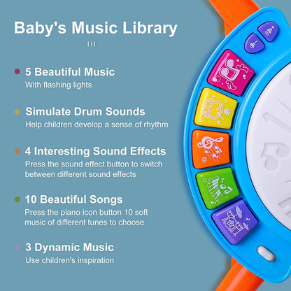 Musical Drum Set Toy with Flashing Lights & Microphone, 5 Fun Music Modes, Safe for Ages 1+