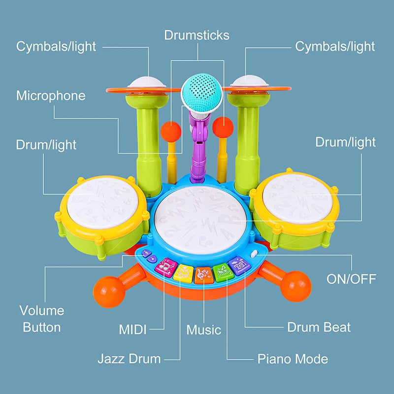 Musical Drum Set Toy with Flashing Lights & Microphone, 5 Fun Music Modes, Safe for Ages 1+