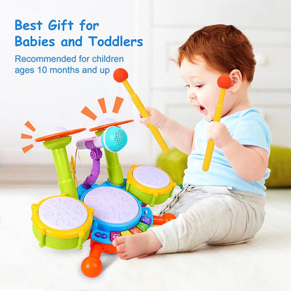 Musical Drum Set Toy with Flashing Lights & Microphone, 5 Fun Music Modes, Safe for Ages 1+