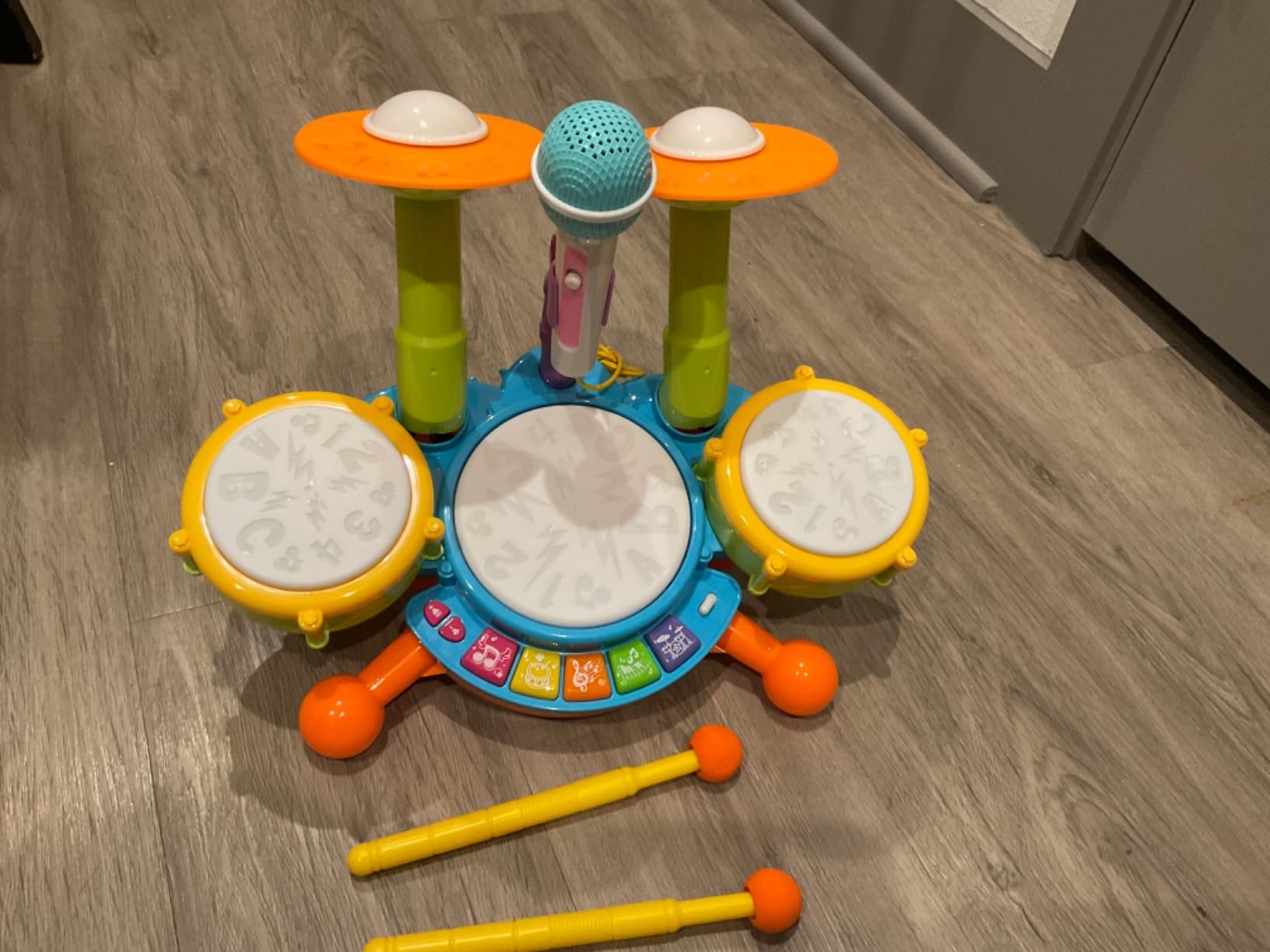 Musical Drum Set Toy with Flashing Lights & Microphone, 5 Fun Music Modes, Safe for Ages 1+