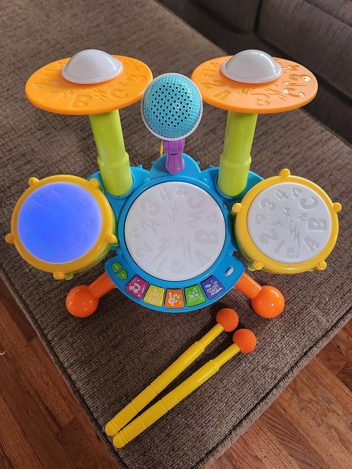 Musical Drum Set Toy with Flashing Lights & Microphone, 5 Fun Music Modes, Safe for Ages 1+