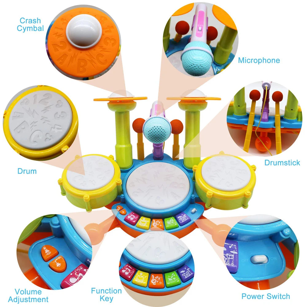 Musical Drum Set Toy with Flashing Lights & Microphone, 5 Fun Music Modes, Safe for Ages 1+
