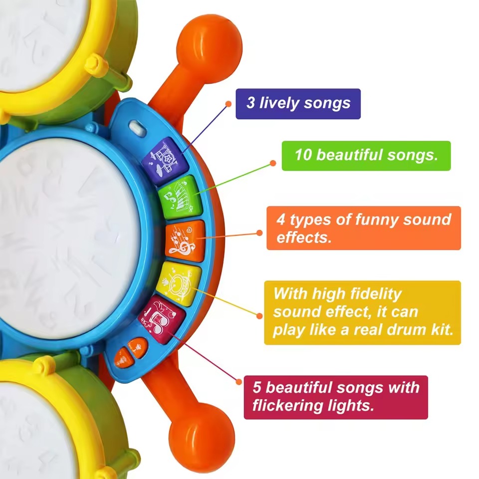 Musical Drum Set Toy with Flashing Lights & Microphone, 5 Fun Music Modes, Safe for Ages 1+