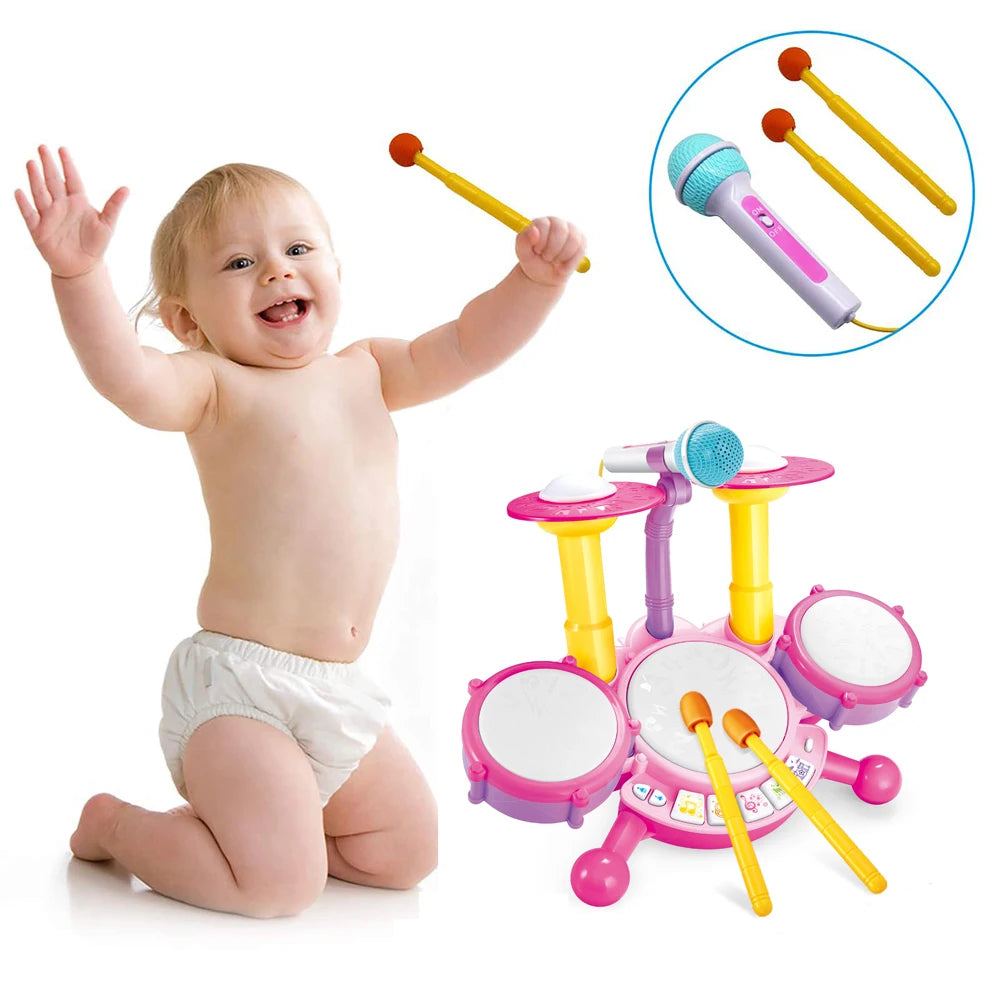Musical Drum Set Toy with Flashing Lights & Microphone, 5 Fun Music Modes, Safe for Ages 1+