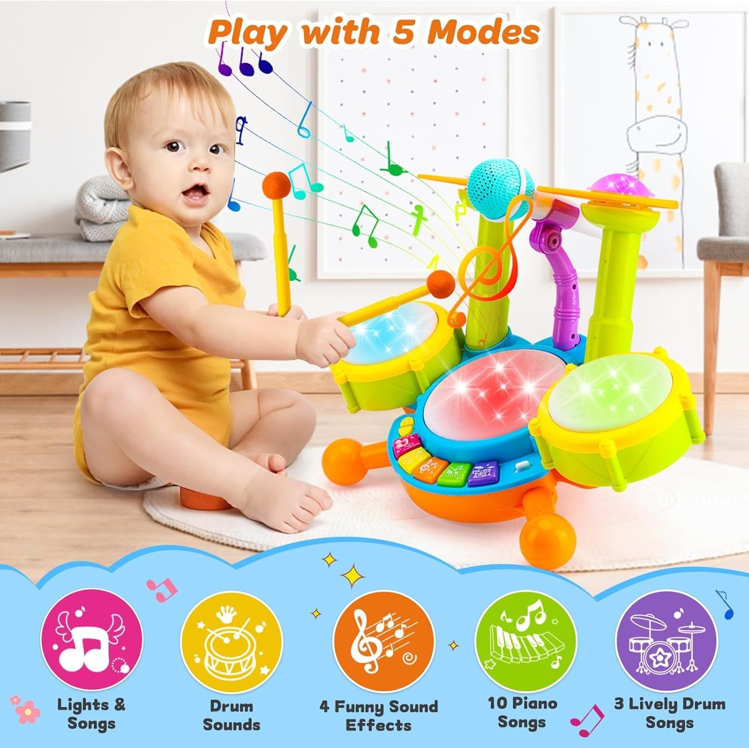 Musical Drum Set Toy with Flashing Lights & Microphone, 5 Fun Music Modes, Safe for Ages 1+