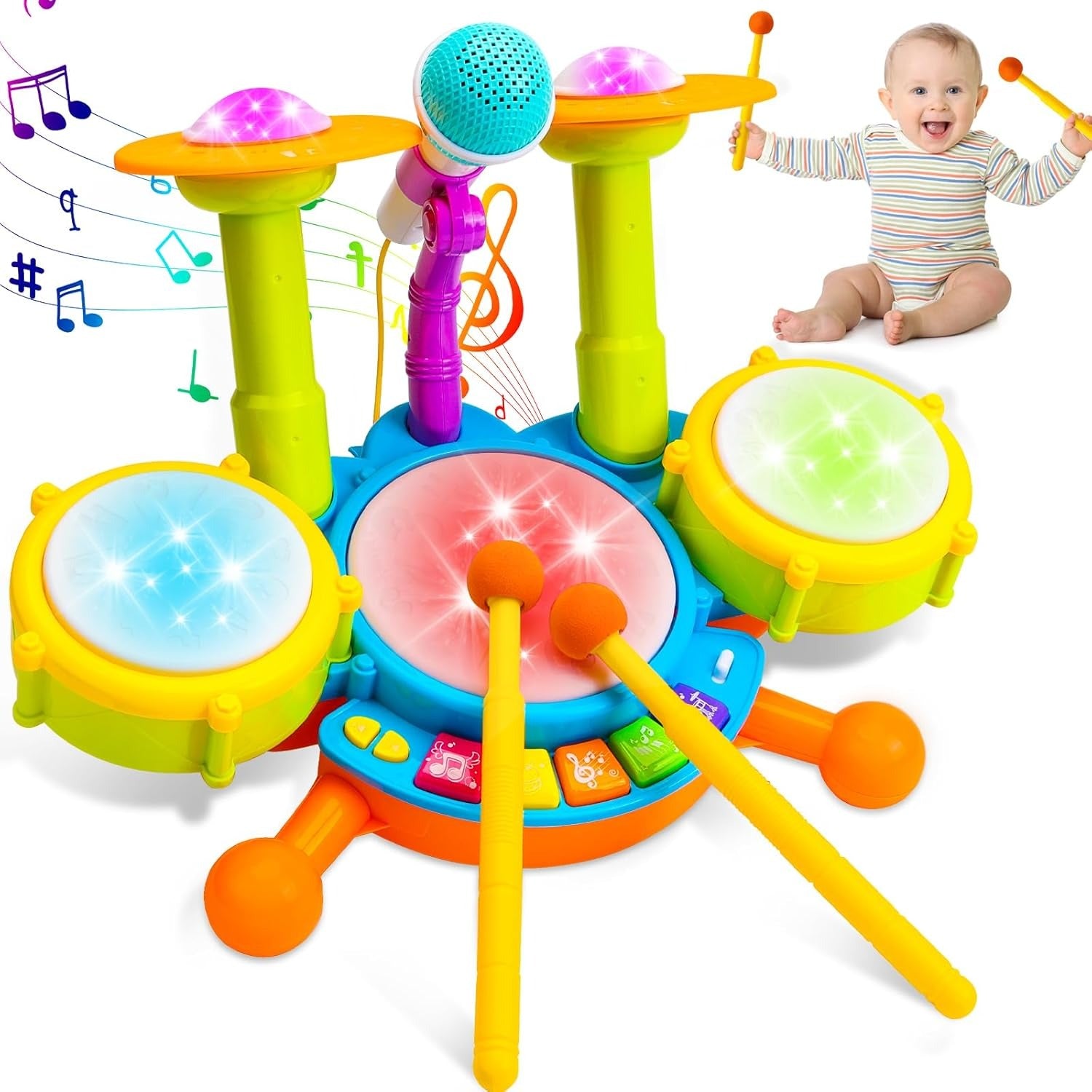 Musical Drum Set Toy with Flashing Lights & Microphone, 5 Fun Music Modes, Safe for Ages 1+