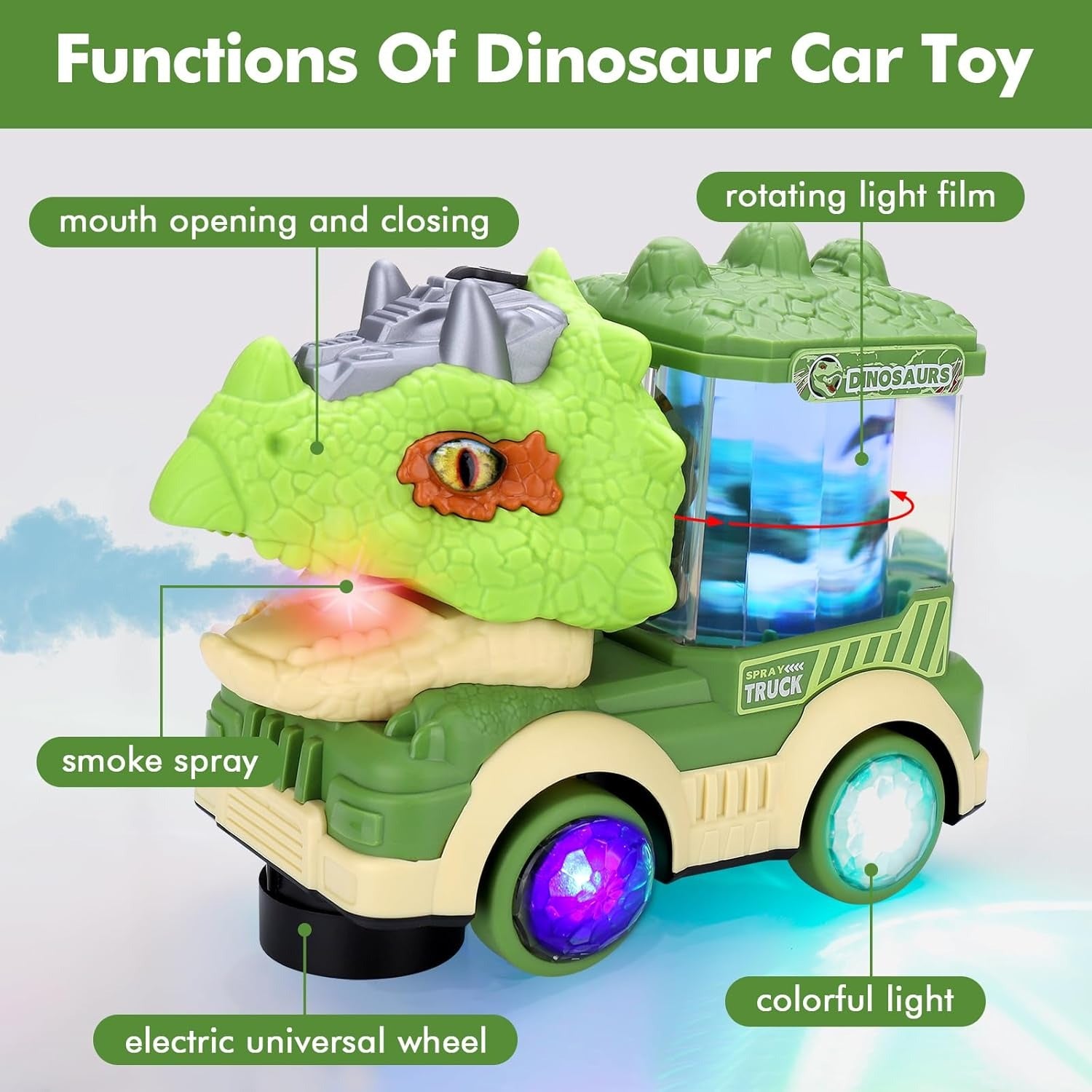 Musical Light-up Dinosaur Toy with Spray Mist, LED Colorful Lights, Obstacle Avoidance, Safe for Ages 3+