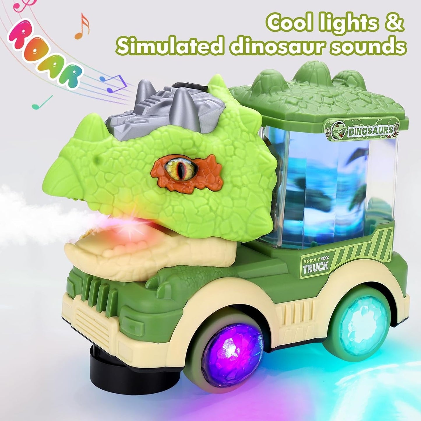 Musical Light-up Dinosaur Toy with Spray Mist, LED Colorful Lights, Obstacle Avoidance, Safe for Ages 3+