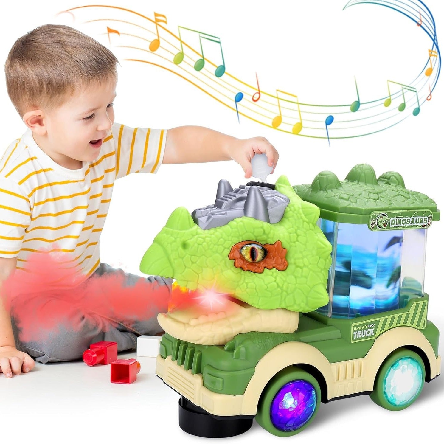 Musical Light-up Dinosaur Toy with Spray Mist, LED Colorful Lights, Obstacle Avoidance, Safe for Ages 3+