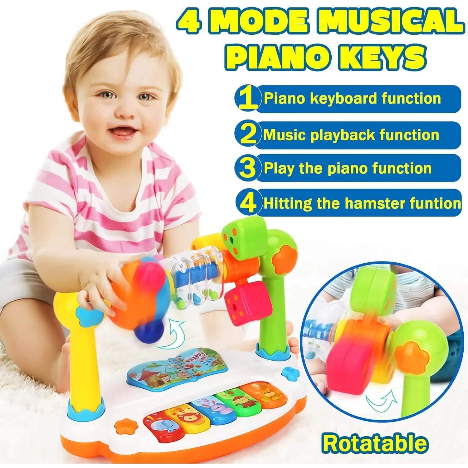 Musical Piano Toy for Kids With Colorful Lights, Rotating Motion, 4 Music Modes, Safe for Ages 3+