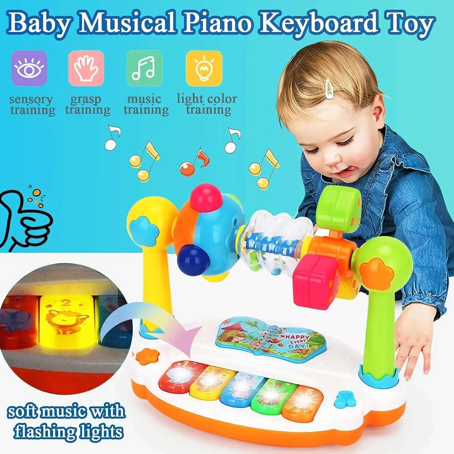 Musical Piano Toy for Kids With Colorful Lights, Rotating Motion, 4 Music Modes, Safe for Ages 3+