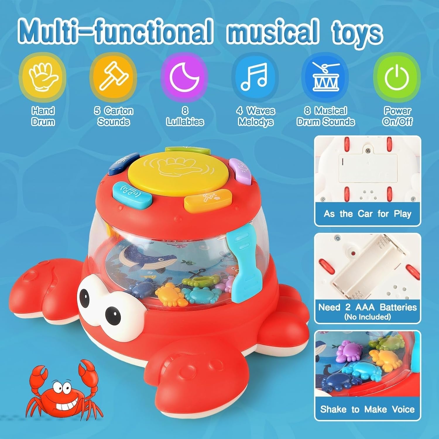Musical Turtle Crab Toy with Colorful Lights, Rattling Mini Animals, Safe for Ages 18+ Months