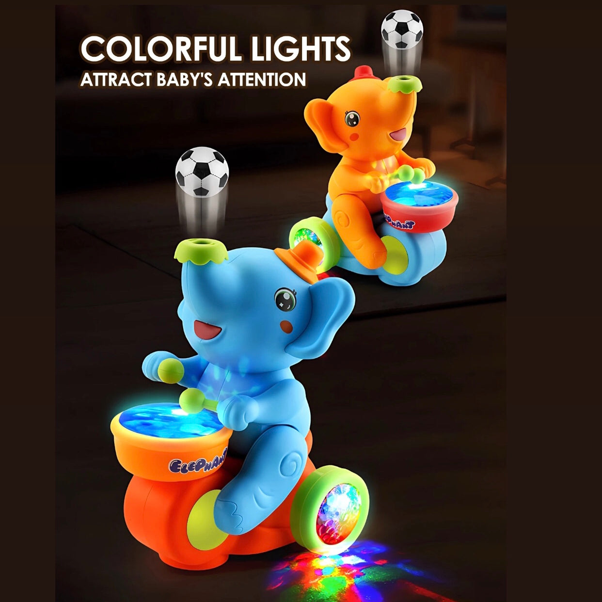 Musical Walking Elephant Drummer Toy with LED Lights and Floating Ball, Safe for Babies 3+ Months