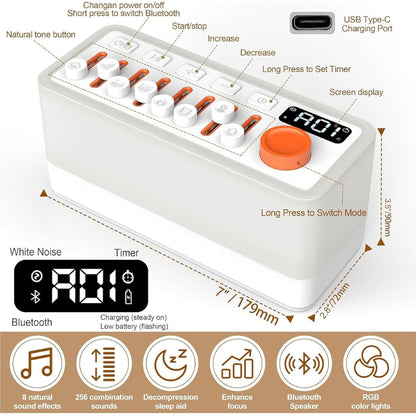 Noise Sleep Sound Machine - 256 Sound Options, RGB Lights, Bluetooth, Auto Timer, Relax & Focus Aid