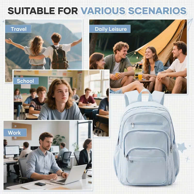 Nylon School Backpack for Teens – Unisex Casual Travel Book Bag with Luggage Strap and Adjustable Shoulder Straps