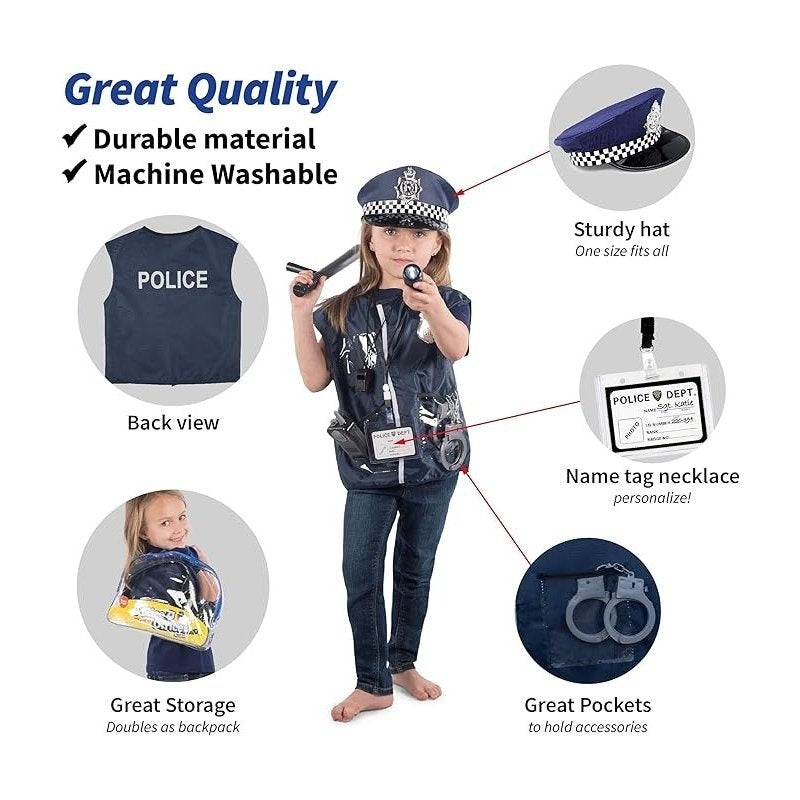 Police Costume Set with Realistic Accessories, Light & Sound Effects, Unisex, Easy to Store & Carry for Ages 3+