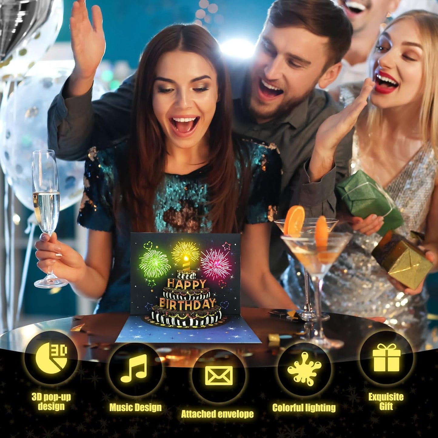 Pop-Up Birthday Card with Envelope  – 3D Card with Fireworks Design with Lights & Sound