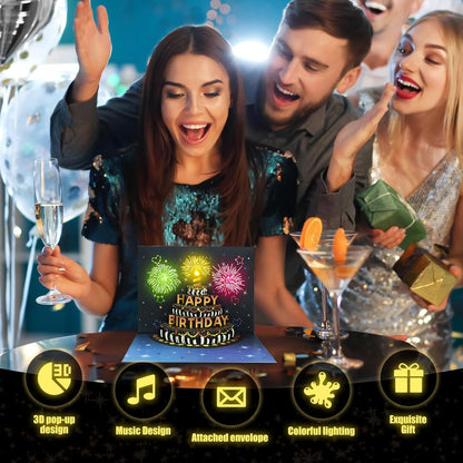 Pop-Up Birthday Card with Envelope  – 3D Card with Fireworks Design with Lights & Sound
