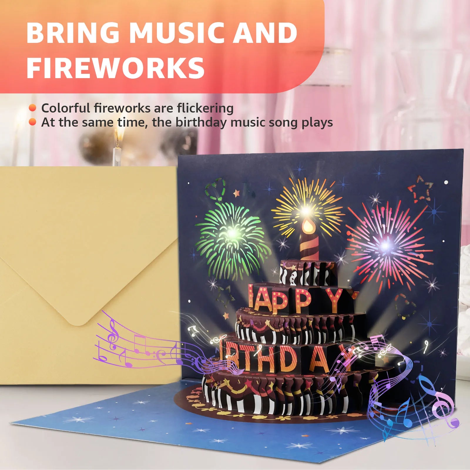 Pop-Up Birthday Card with Envelope  – 3D Card with Fireworks Design with Lights & Sound