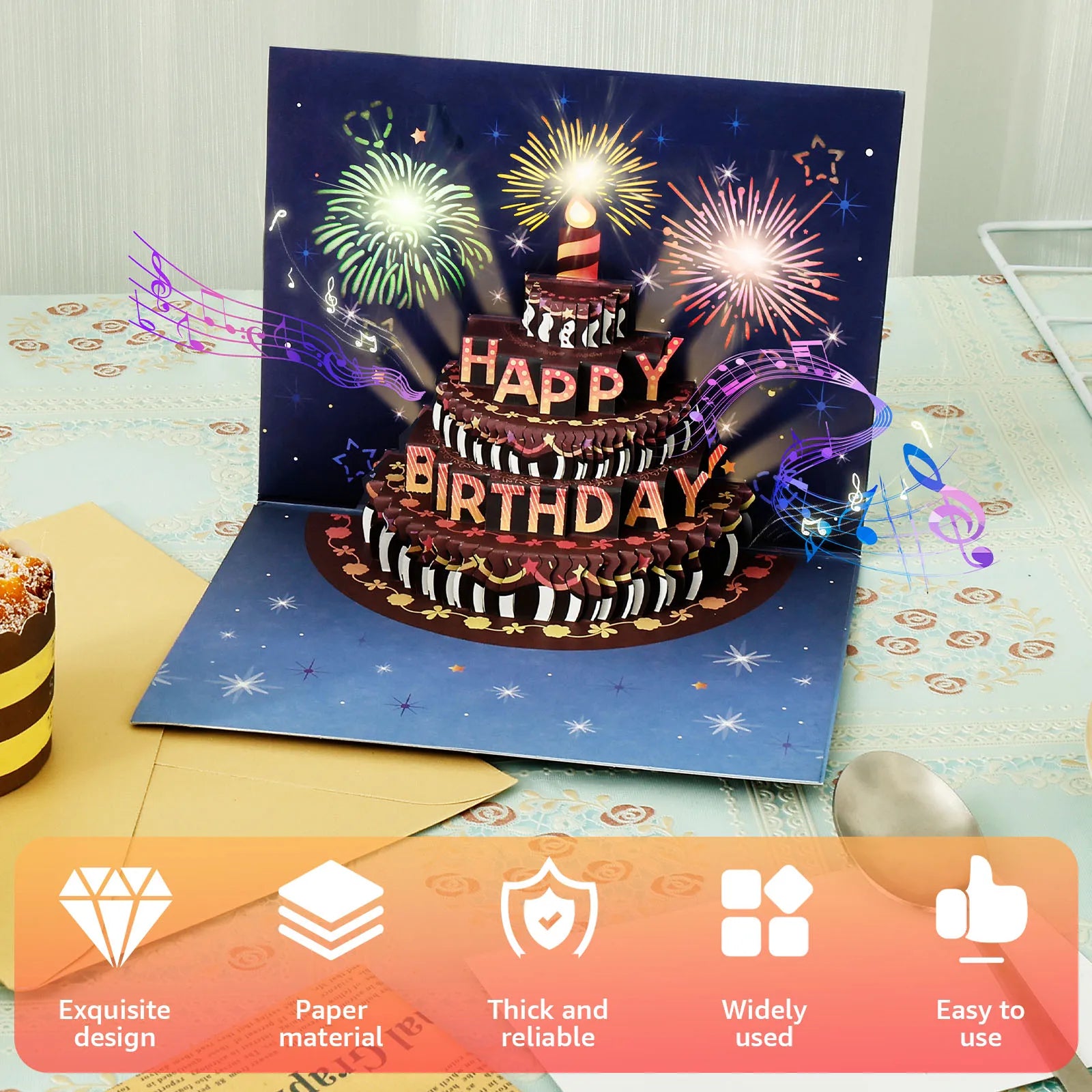 Pop-Up Birthday Card with Envelope  – 3D Card with Fireworks Design with Lights & Sound