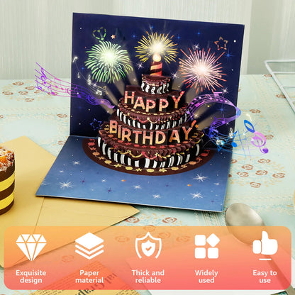 Pop-Up Birthday Card with Envelope  – 3D Card with Fireworks Design with Lights & Sound