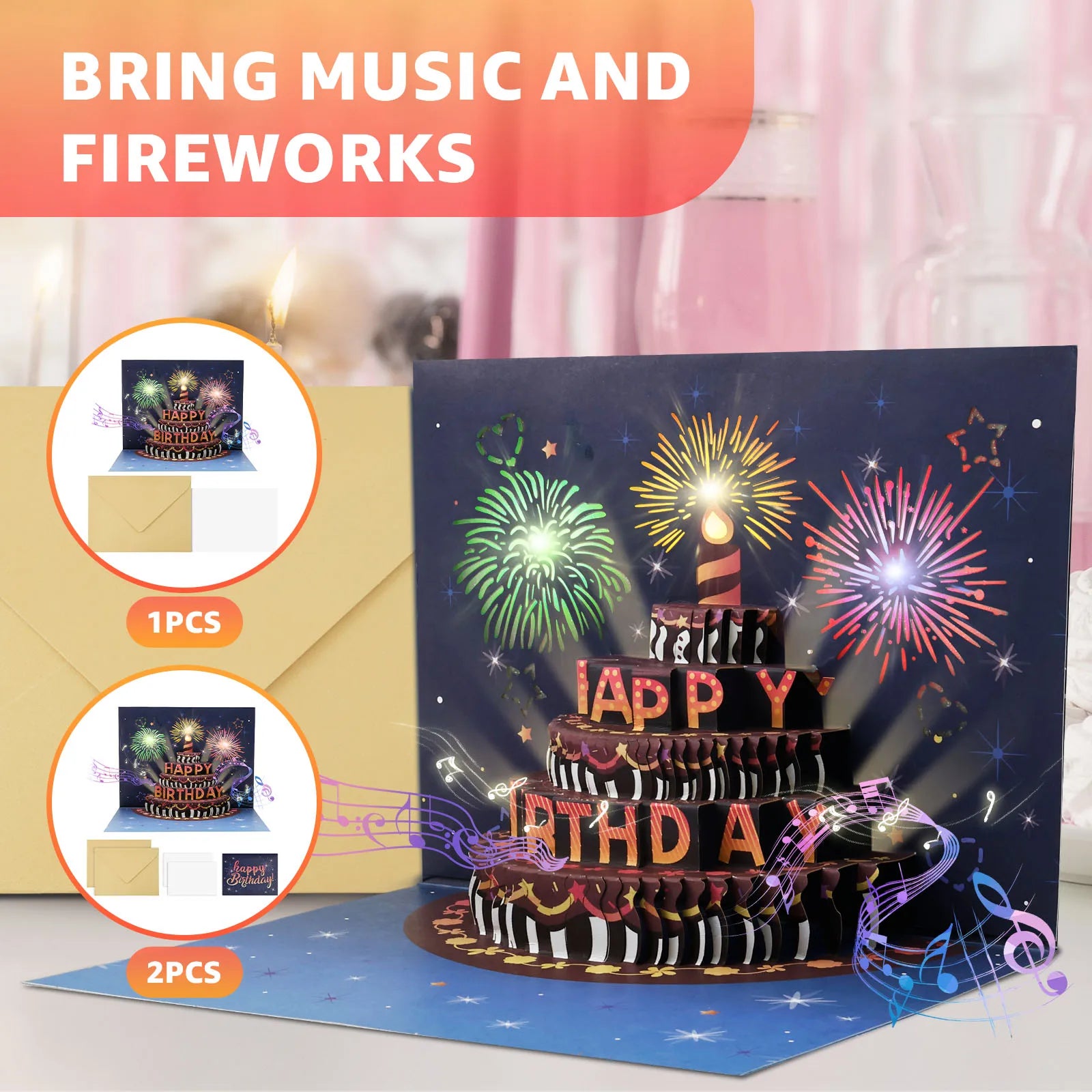 Pop-Up Birthday Card with Envelope  – 3D Card with Fireworks Design with Lights & Sound
