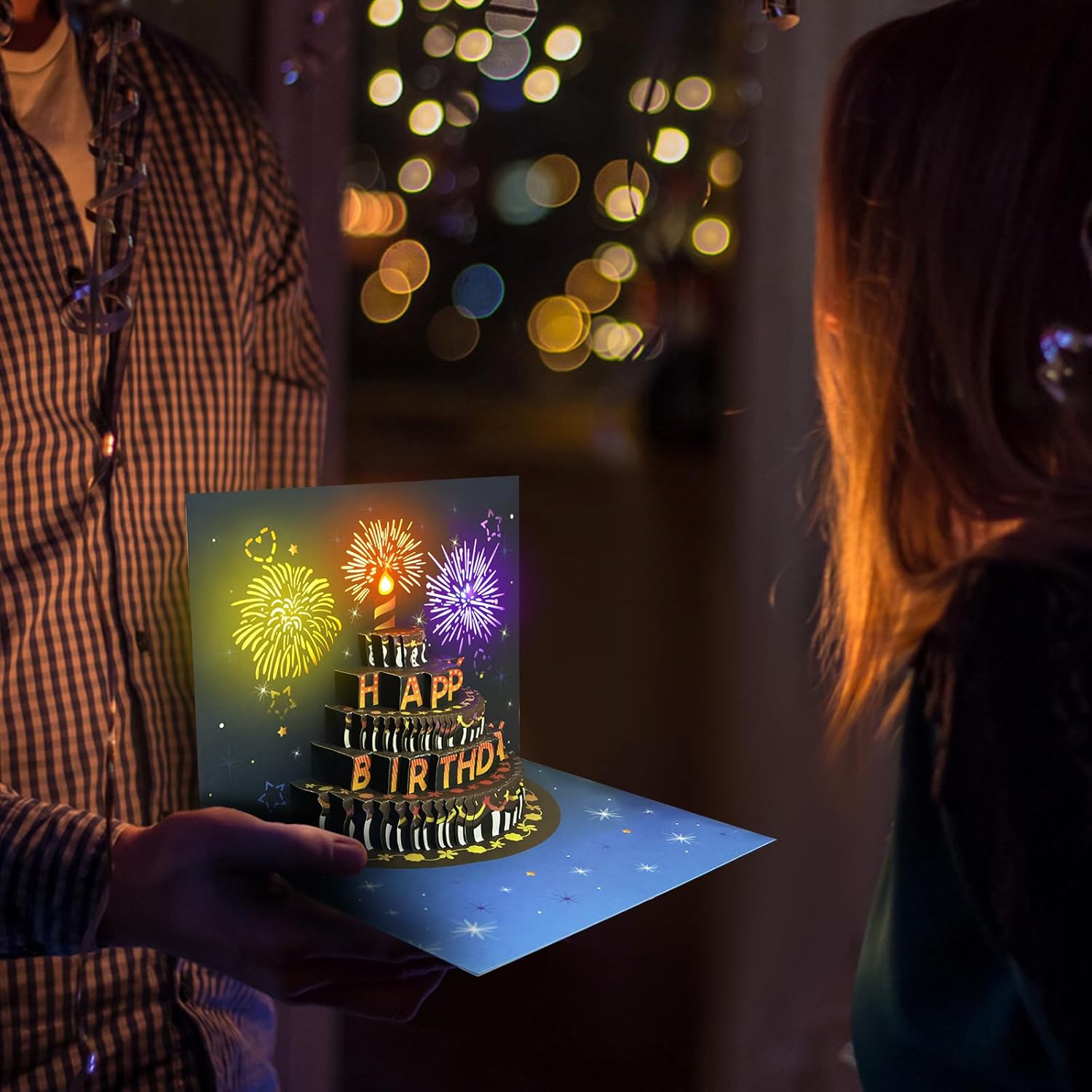 Pop-Up Birthday Card with Envelope  – 3D Card with Fireworks Design with Lights & Sound