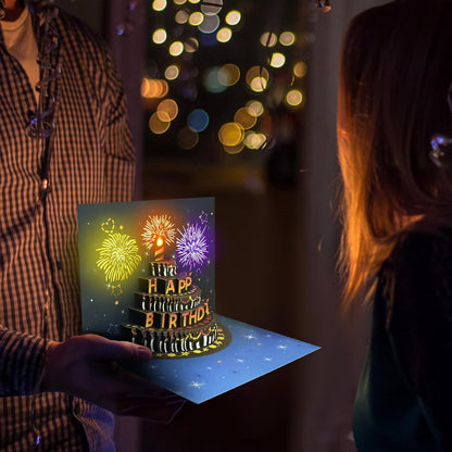 Pop-Up Birthday Card with Envelope  – 3D Card with Fireworks Design with Lights & Sound