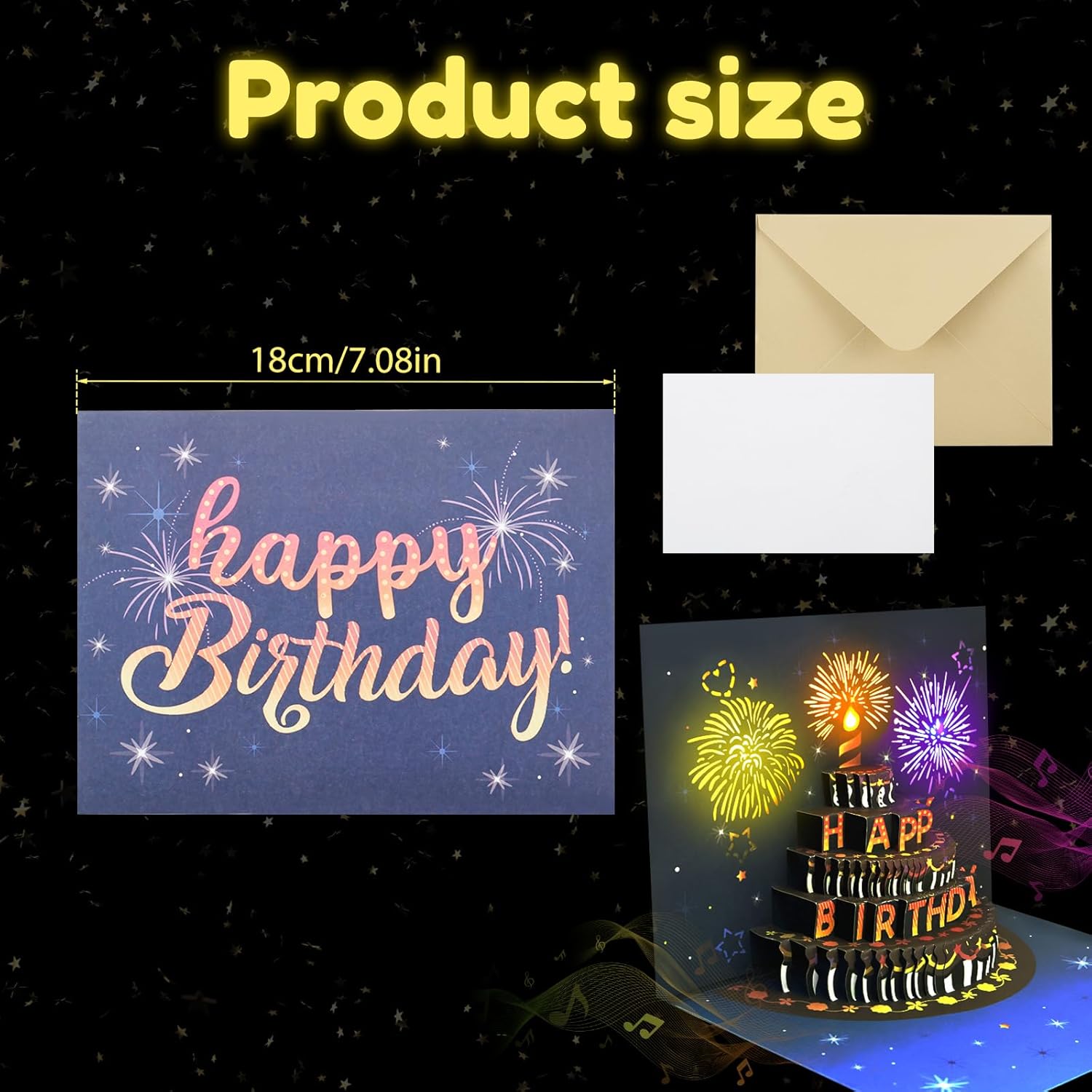 Pop-Up Birthday Card with Envelope  – 3D Card with Fireworks Design with Lights & Sound