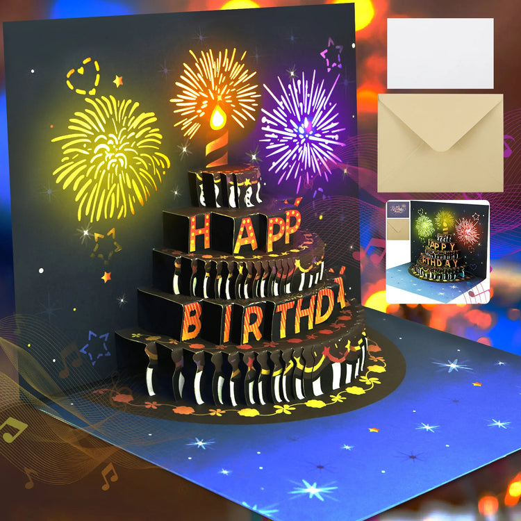 Pop-Up Birthday Card with Envelope  – 3D Card with Fireworks Design with Lights & Sound