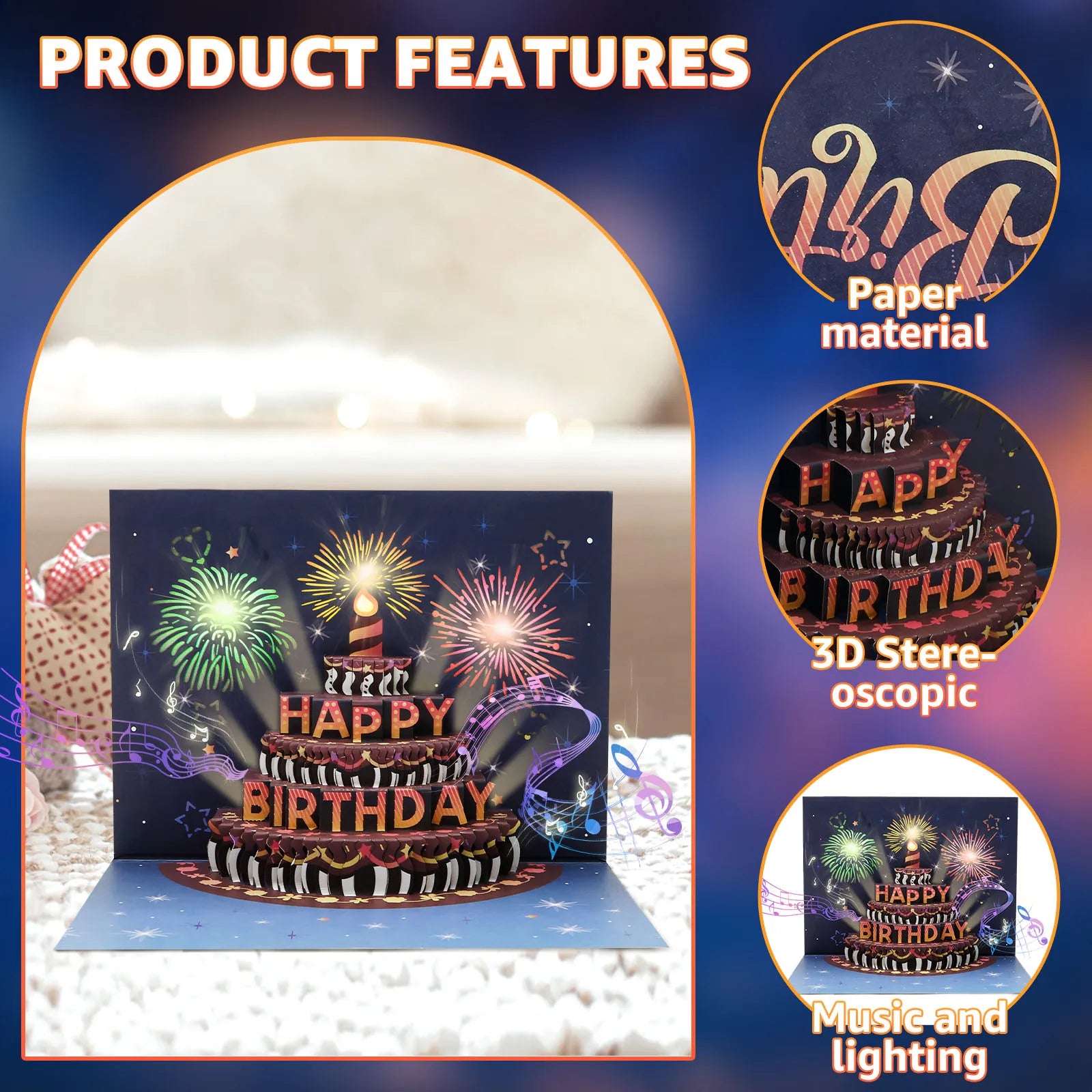 Pop-Up Birthday Card with Envelope  – 3D Card with Fireworks Design with Lights & Sound