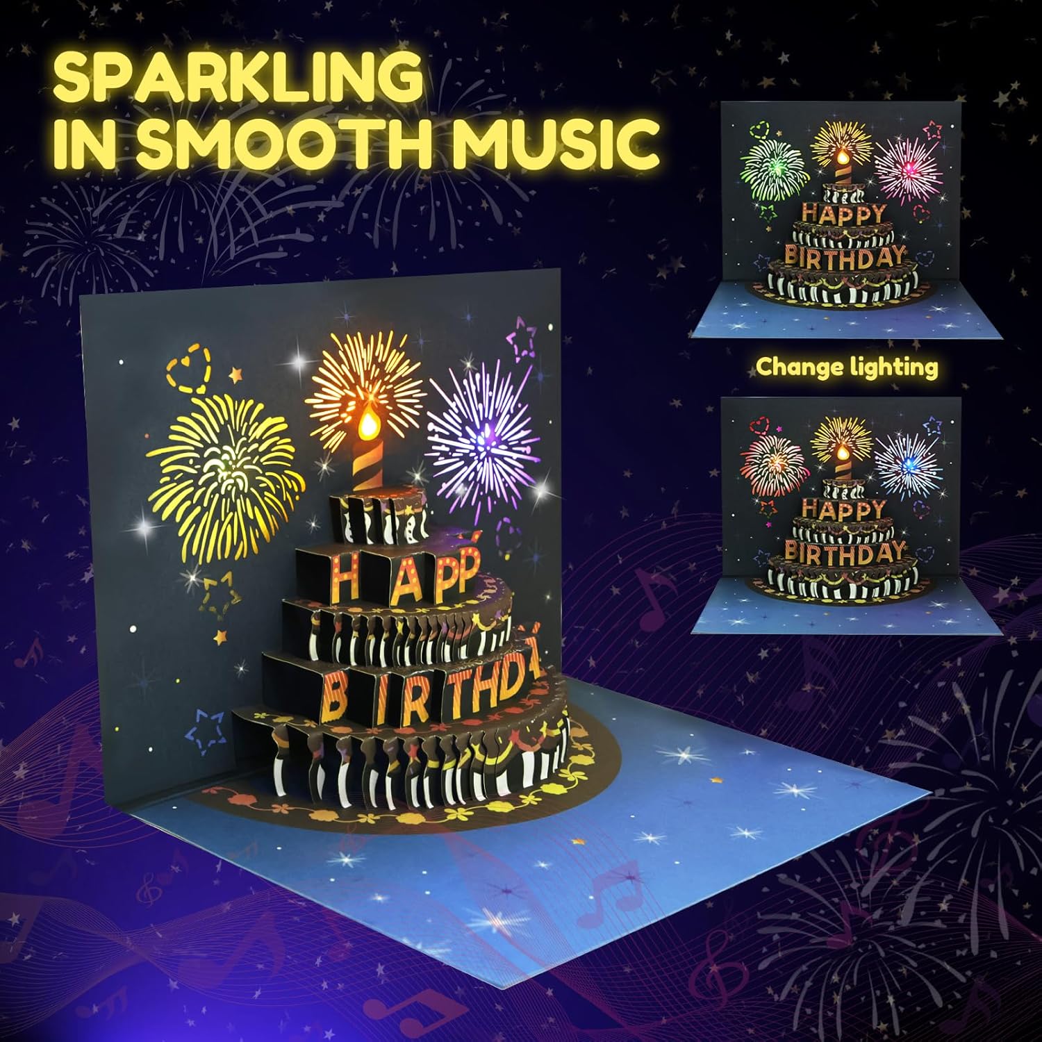 Pop-Up Birthday Card with Envelope  – 3D Card with Fireworks Design with Lights & Sound
