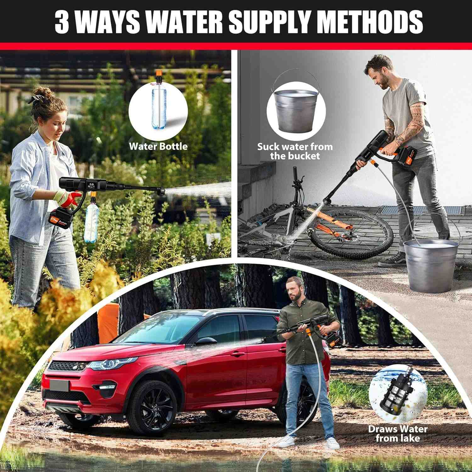 Portable Car Wash Spray Gun with 21V Rechargeable Lithium Battery, Draws Water from Bucket, Bottle or Lake