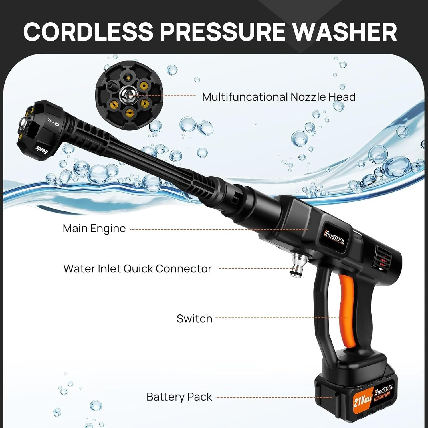 Portable Car Wash Spray Gun with 21V Rechargeable Lithium Battery, Draws Water from Bucket, Bottle or Lake