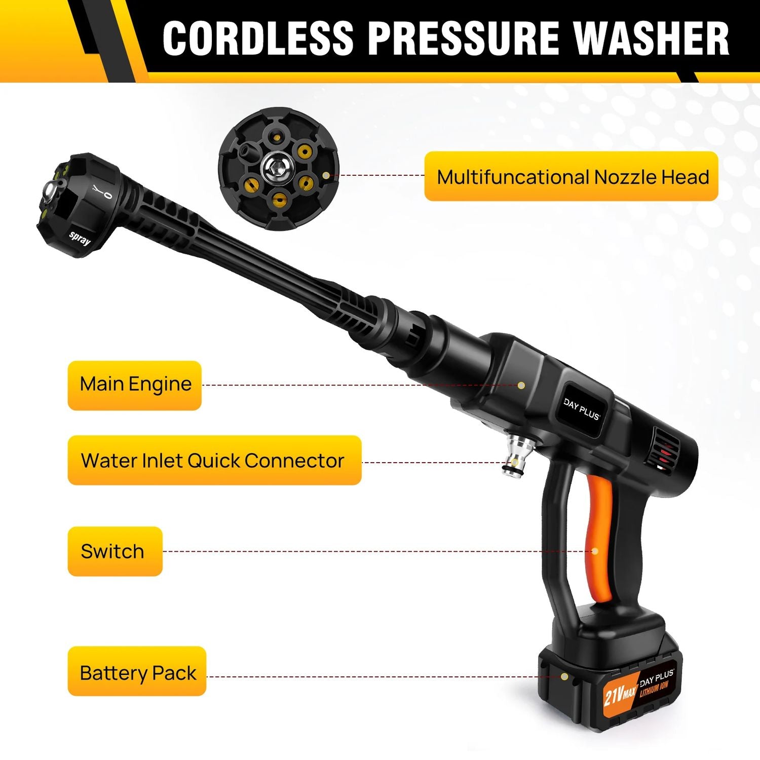 Portable Car Wash Spray Gun with 21V Rechargeable Lithium Battery, Draws Water from Bucket, Bottle or Lake