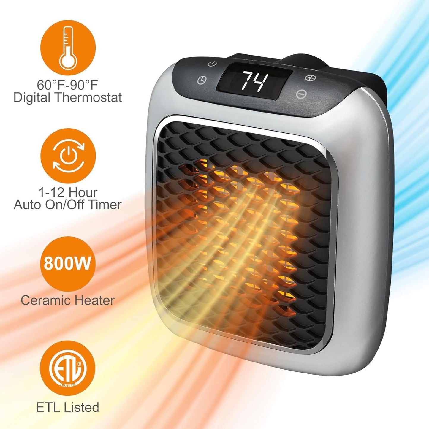 Portable Electric Heater - Wall Plug Space Heater with Digital Thermostat, Quiet Operation