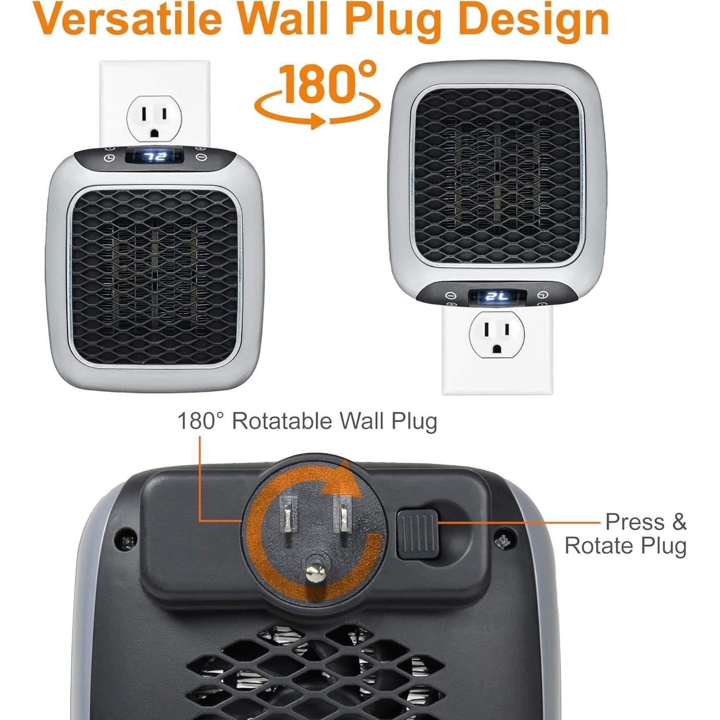 Portable Electric Heater - Wall Plug Space Heater with Digital Thermostat, Quiet Operation