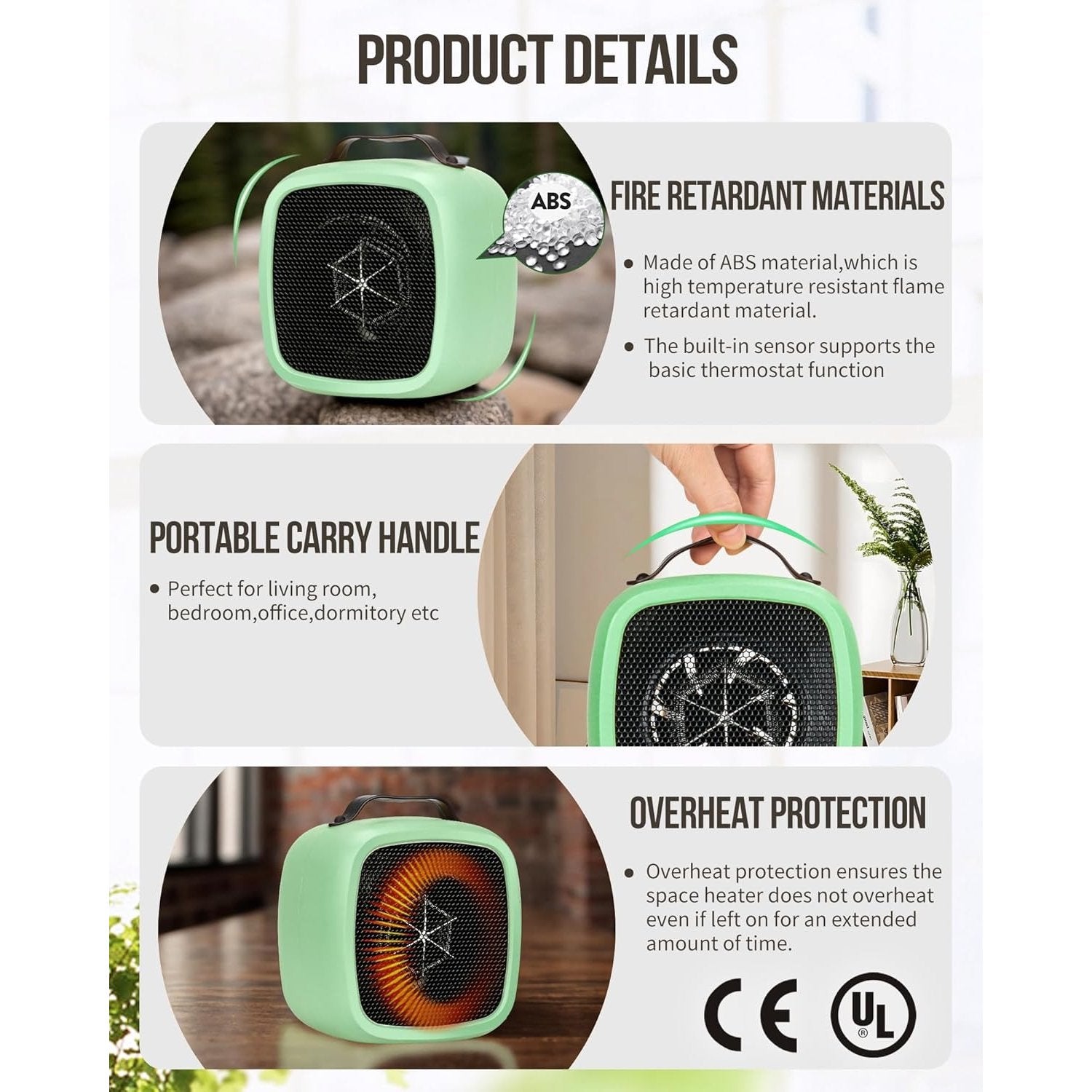 Portable Indoor Space Heater with 2-Second Fast Heating, Compact and Portable Design