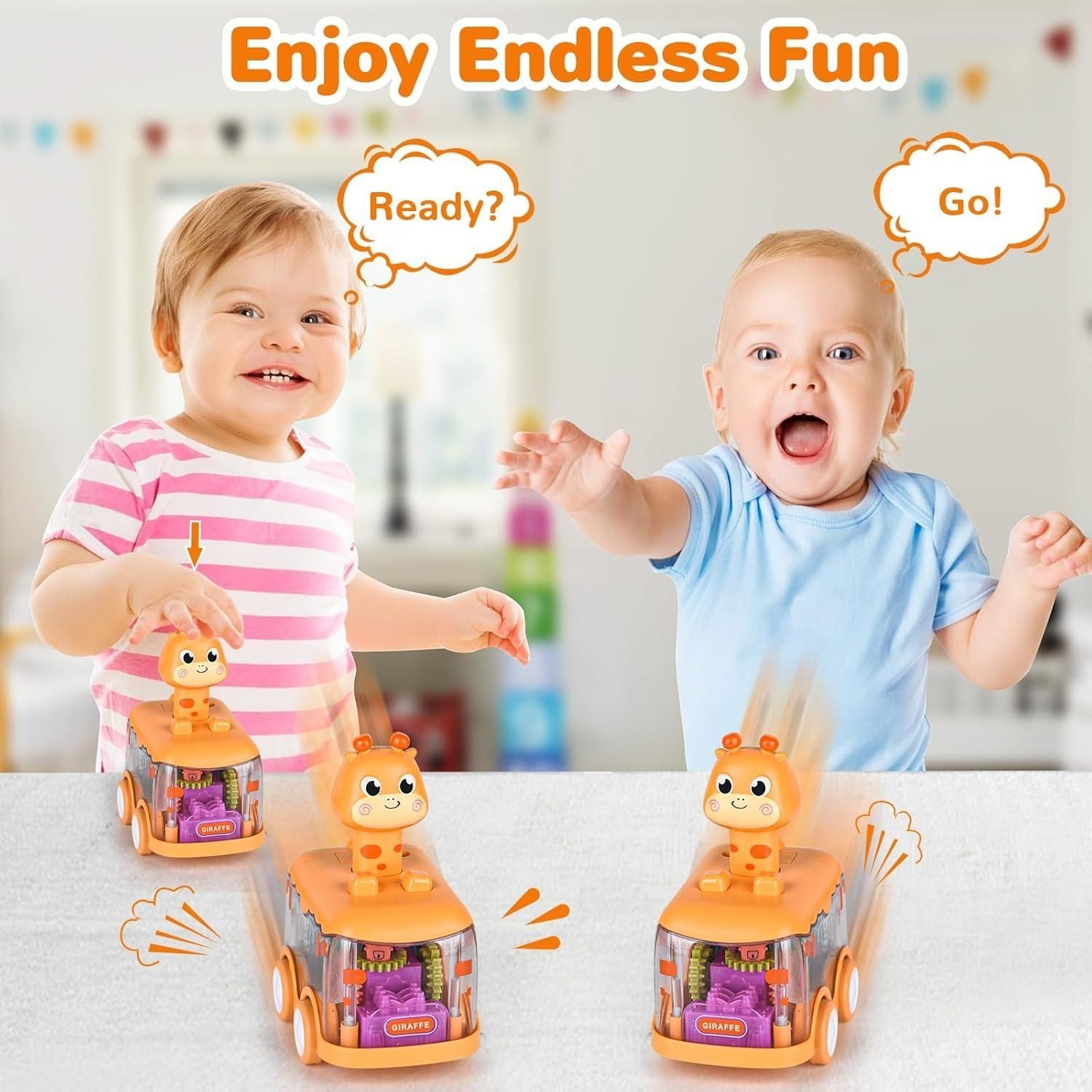 Press Gear Animal Car with Inertial Motion, Light-Up Fun, Educational Play, Safe for Ages 1+